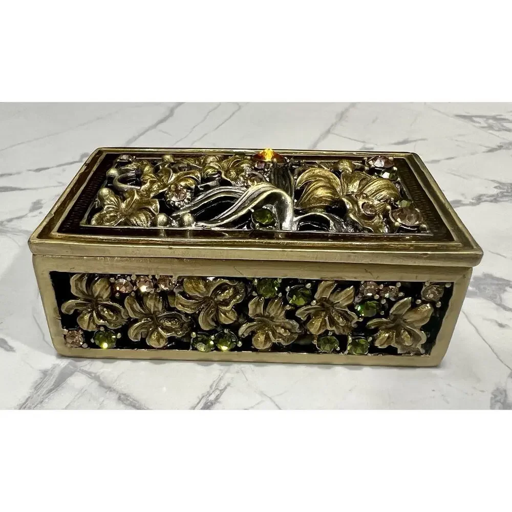 Vintage Hollywood Regency Jeweled Floral Jewelry Casket Trinket Box Gold Tone